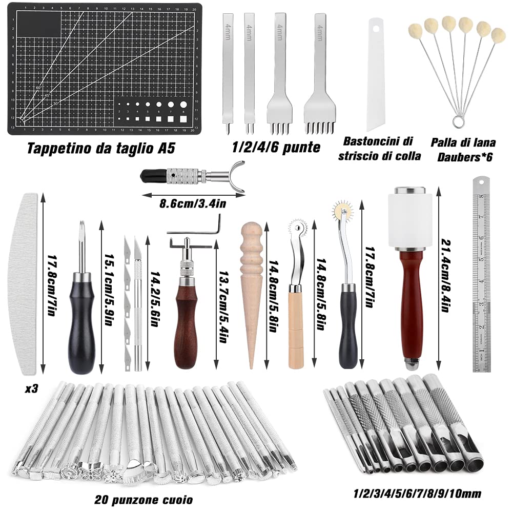 Kit Lavorazione Pelle Per Principianti | 50+ Attrezzi Per Cucire, Timbrare E Forare | Set Completo Fai Da Te - Foto 3