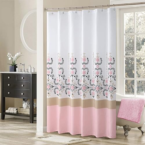 MVSUTA Yardley - Cortina de ducha de tela de poliéster impermeable con flores rosadas, cortinas de baño coloridas con estampado floral blanco y