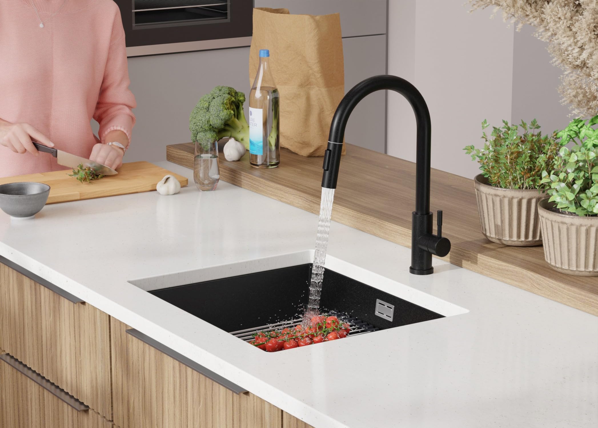 PRIMAGRAN Fregadero bajo Encimera Todo Negro - Prague Step, 56x47cm | Cocina 1 Seno + Set de accesorios, Granito al Mueble 60cm (S367)