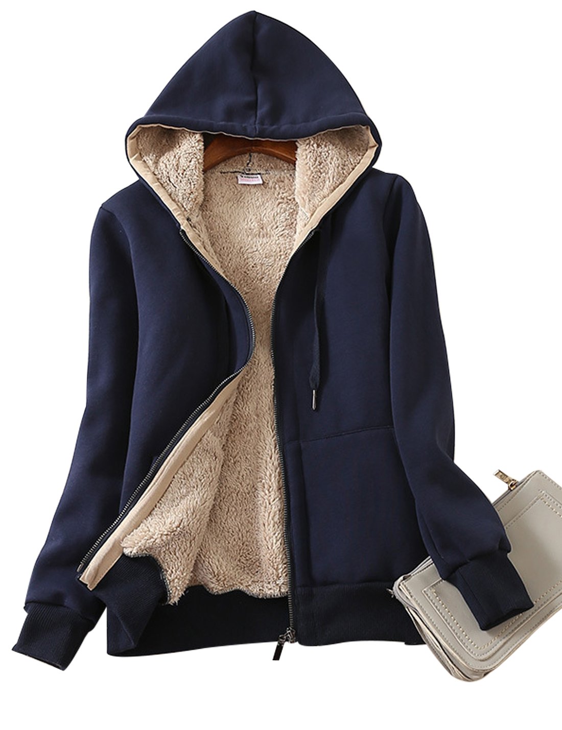 Yeokou Women's Casual Full Zip Up Sherpa Lined Hoodie Sweatshirt Jacket Coat (X-Large, Dark Blue)