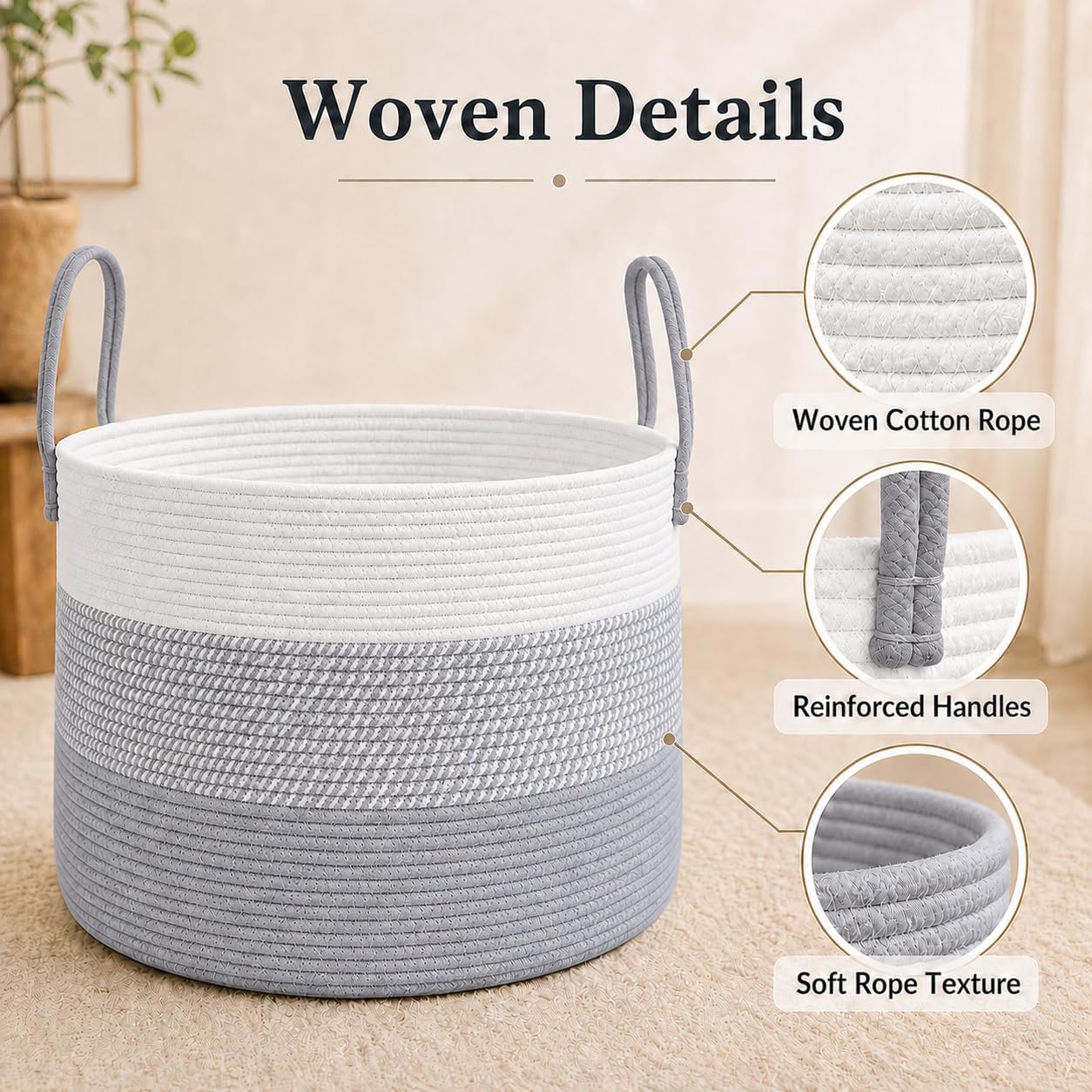  65L Extra Large Machine Washable Cotton Rope Blanket Basket thumbnail