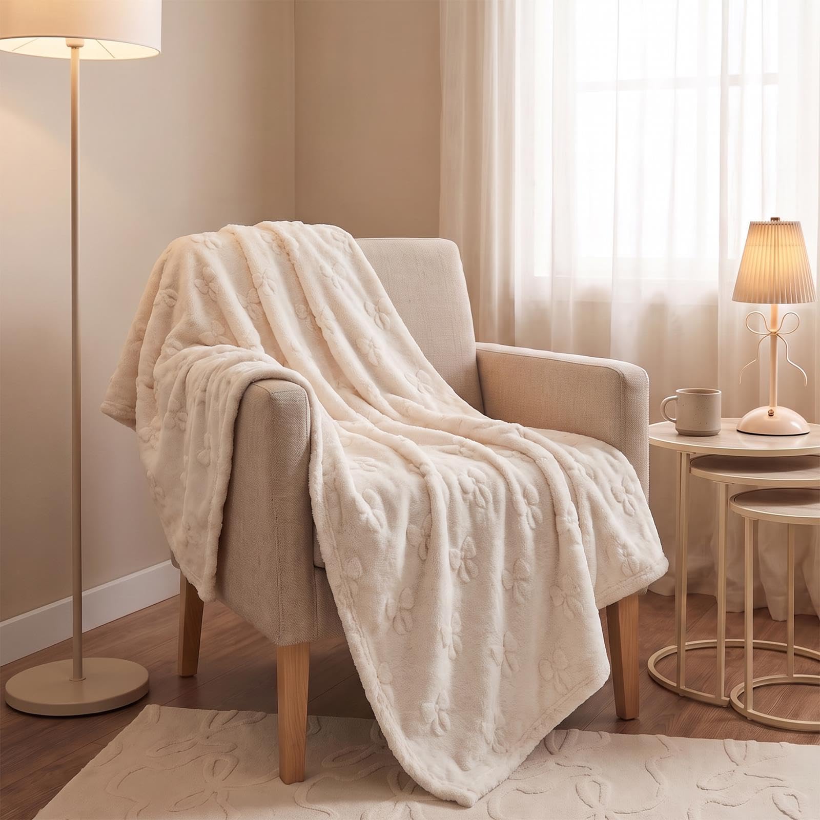 OHS Bow Tufted Teddy Fleece Blanket Throws for Sofas, Ivory 180 x 200cm