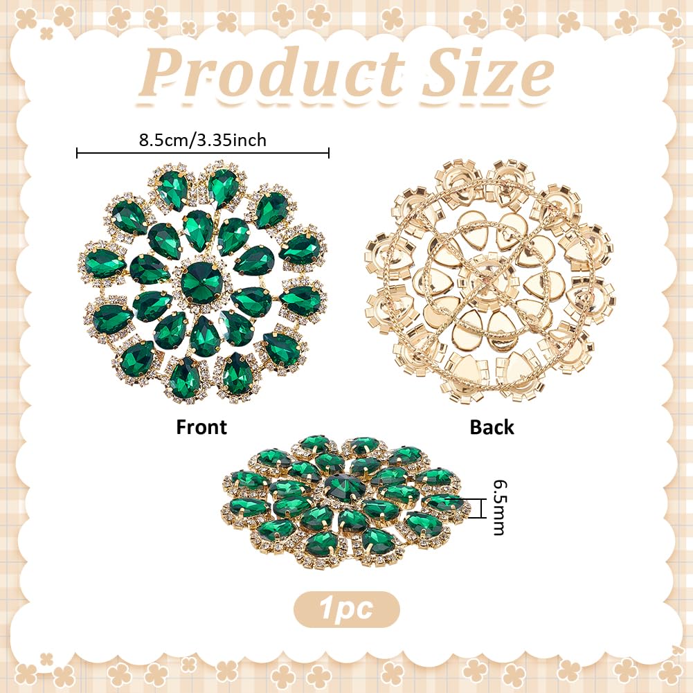 FINGERINSPIRE Runde Strassblumen Applikation 85mm Durchmesser Zum Aufnähen Grüne Tropfenförmige Strassapplikationen Mit Messingfuß Runde Blumenform Verzierung Für DIY Bastelarbeiten Kleider Taschen