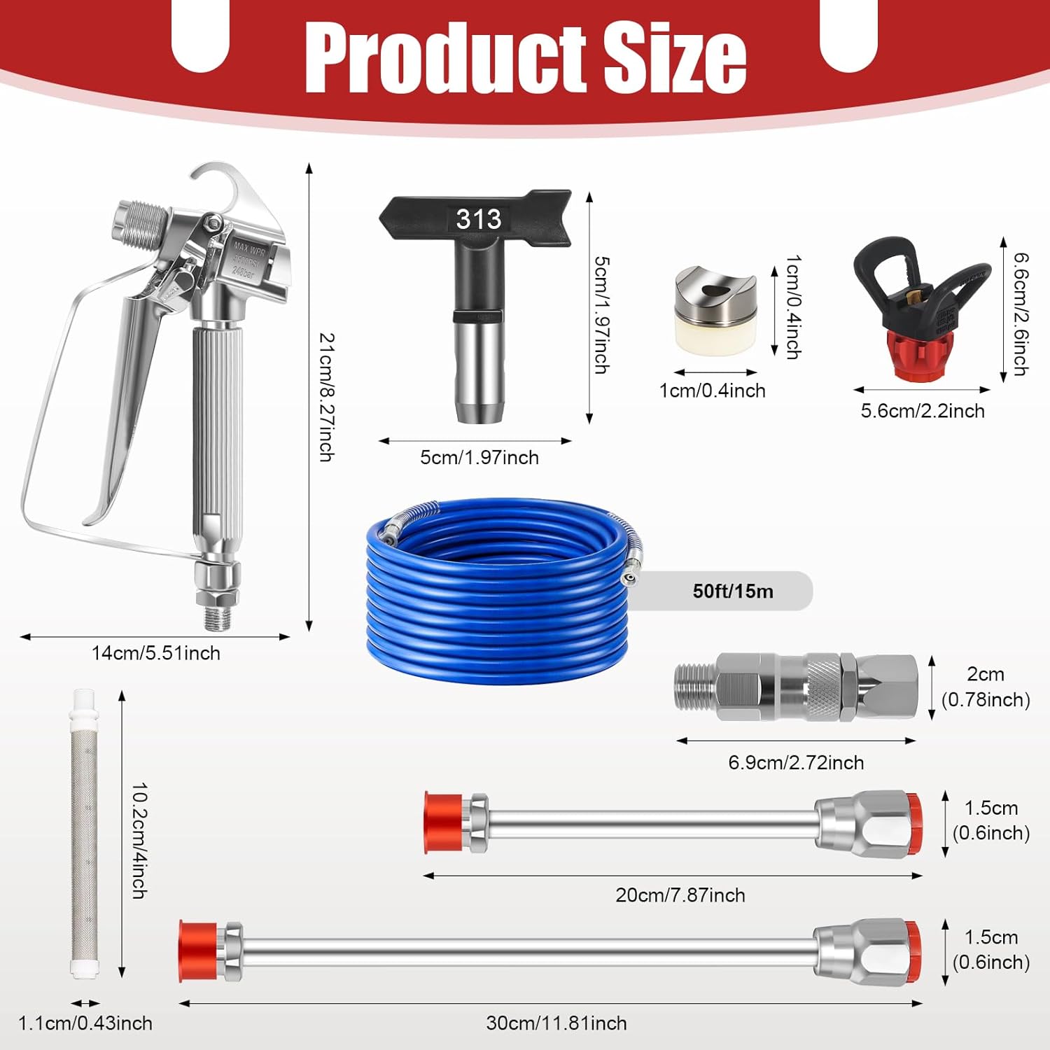 Airless Paint Sprayer Gun Kit, 14PCS High Pressure Spray Gun Set with 25FT Hose, Filters, Reversible Tips & Extensions, 3600 PSI for Walls, Fence & Cabinets