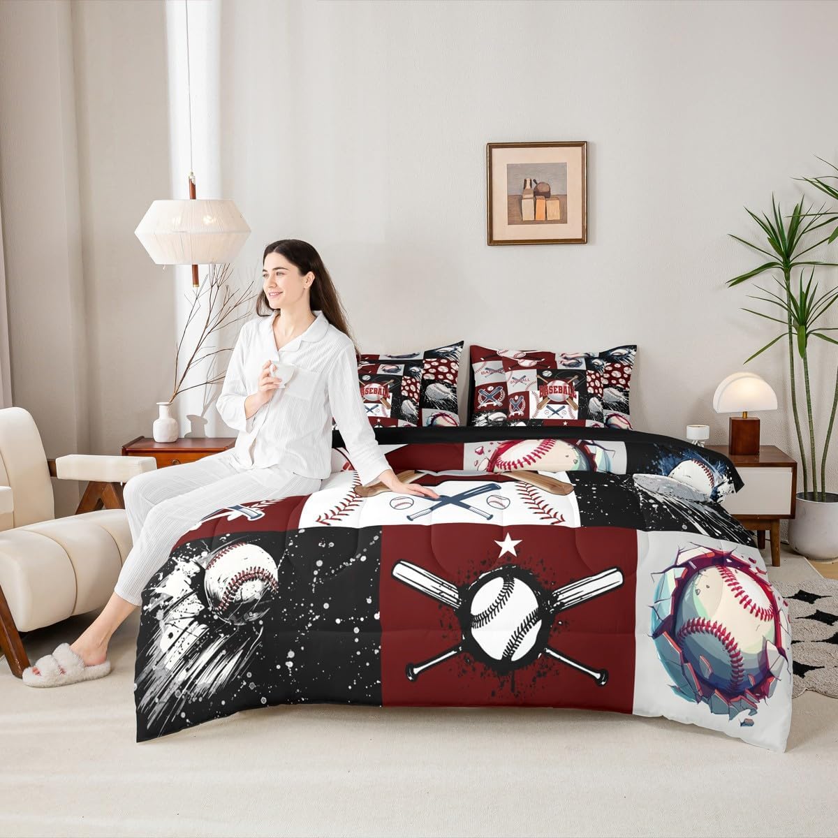 Erosebridal Baseball Bat Bed in a Bag Queen Comforter Set 7-Piece, Boys Baseball Bedding Sets Ball Sports Comforter and Sheet Set, Patchwork Style Softball Game Room Decor
