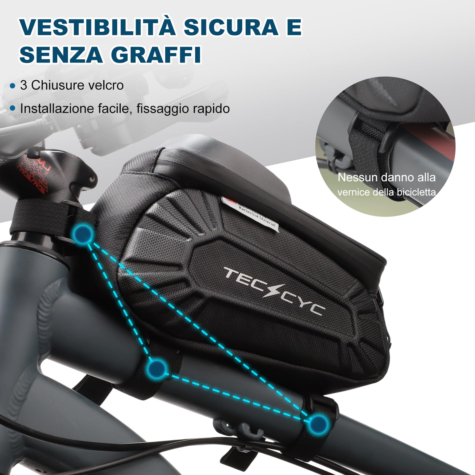 TECHCYC Borsa Telaio Bici con Riflettente, Borsa Bici con Touchscreen TPU,Borsello Tubo Anteriore Bici Impermeabile Tasca Cellulare 7 Pollici,per MTB,Bici Gravel,Bici Strada,Bici Elettrica
