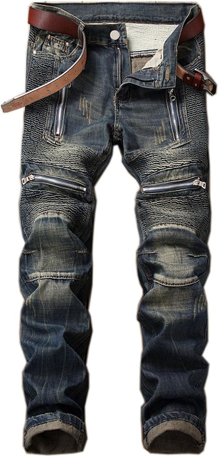 Men's Ripped Patchwork Pleated Stretch Biker Jeans with Zippers