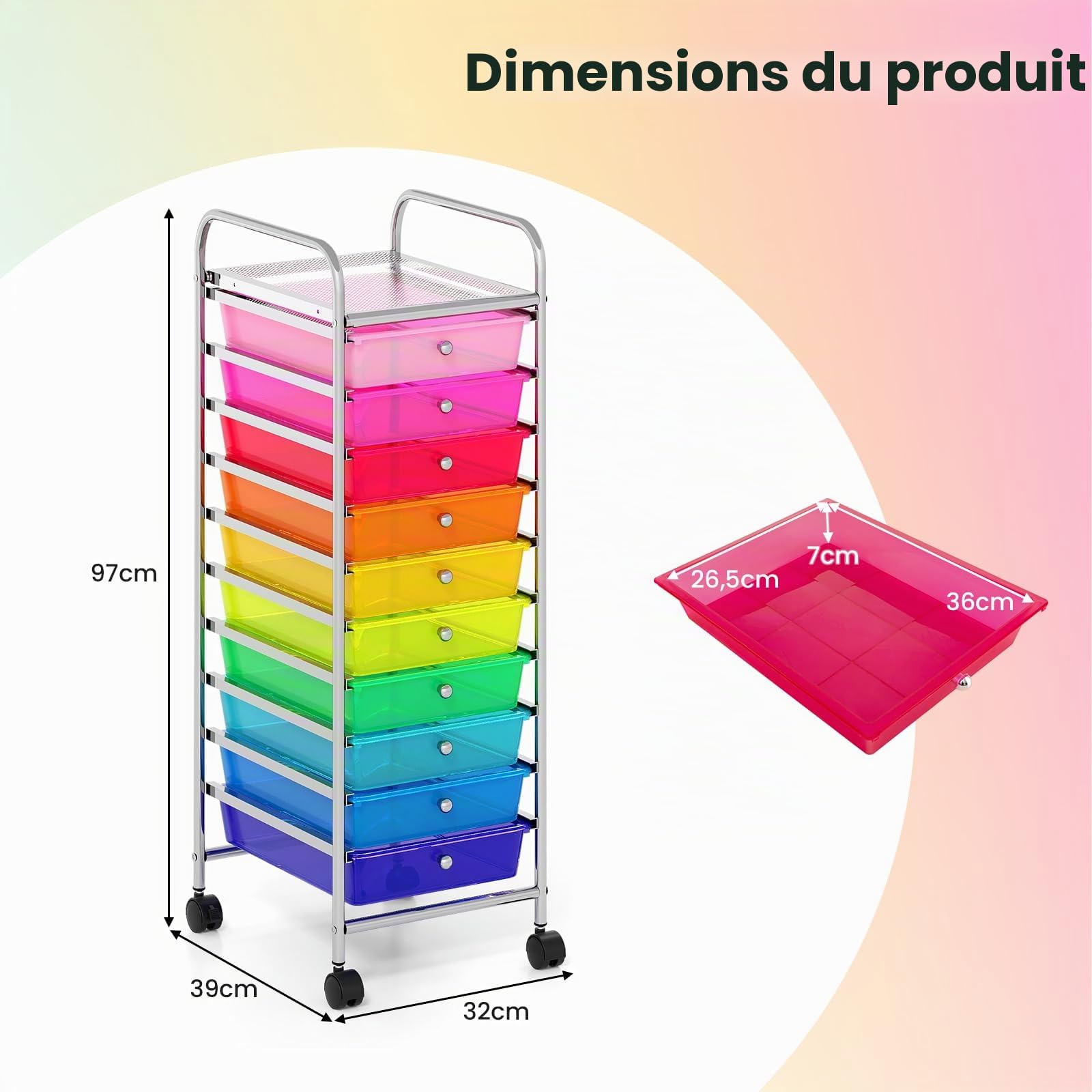 Giantex Chariot de rangement 10 tiroirs en plastique, commode avec 4 roues, chariot auxiliaire avec cadre en métal, organisateur pour bureau, salon, cuisine (transparent coloré)