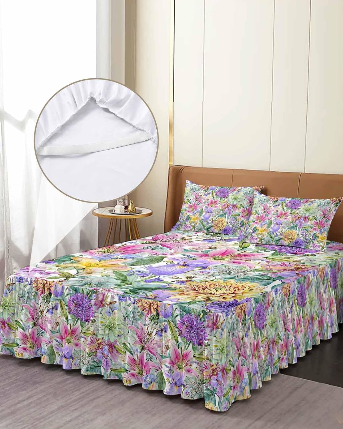 Ruffle Bed Skirt Queen, Pastoral Lily Blossom Floral 2 Piece Bedding Cover with Pillow Sham,18In Drop Bedskirt Coverlet Spring Flower Watercolor Elastic Wrap Around Bed Skirt Pillowcases Set