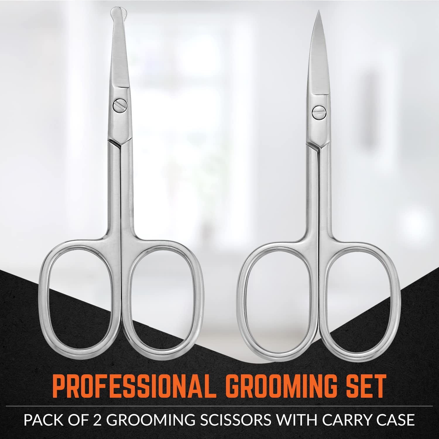 Tijeras de aseo de acero inoxidable: tijeras de cejas, barba y bigote, kit recortador de vello facial de punta pequeña, curva y redondeada, cortadora de cabello de nariz para hombre y estuche de viaje