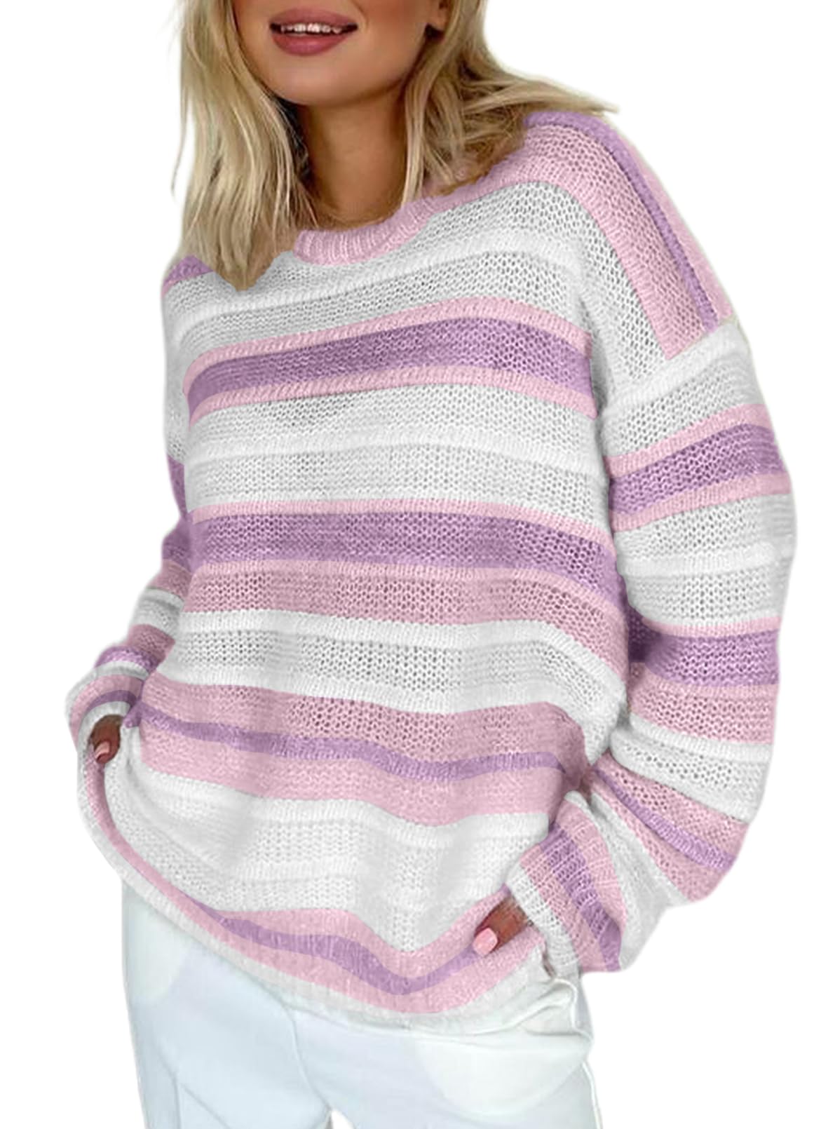 Sidefeel Sweaters for Women Oversized Striped Knit Fall Long Sleeve Casual Pullover Sweater Tops 2025 Outfits