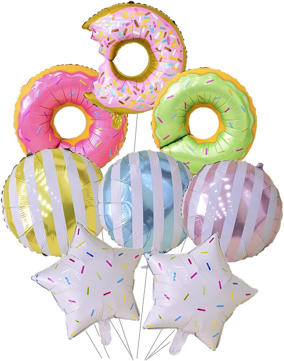 Donut Grow Up Balloons Donut Ice Cream Popcorn Hamburger Candy Stars Shaped foil Balloons for Birthday Party Decorations Banner Baby Shower Donut Theme Party Supplies Summer Party Favours (8pcs)