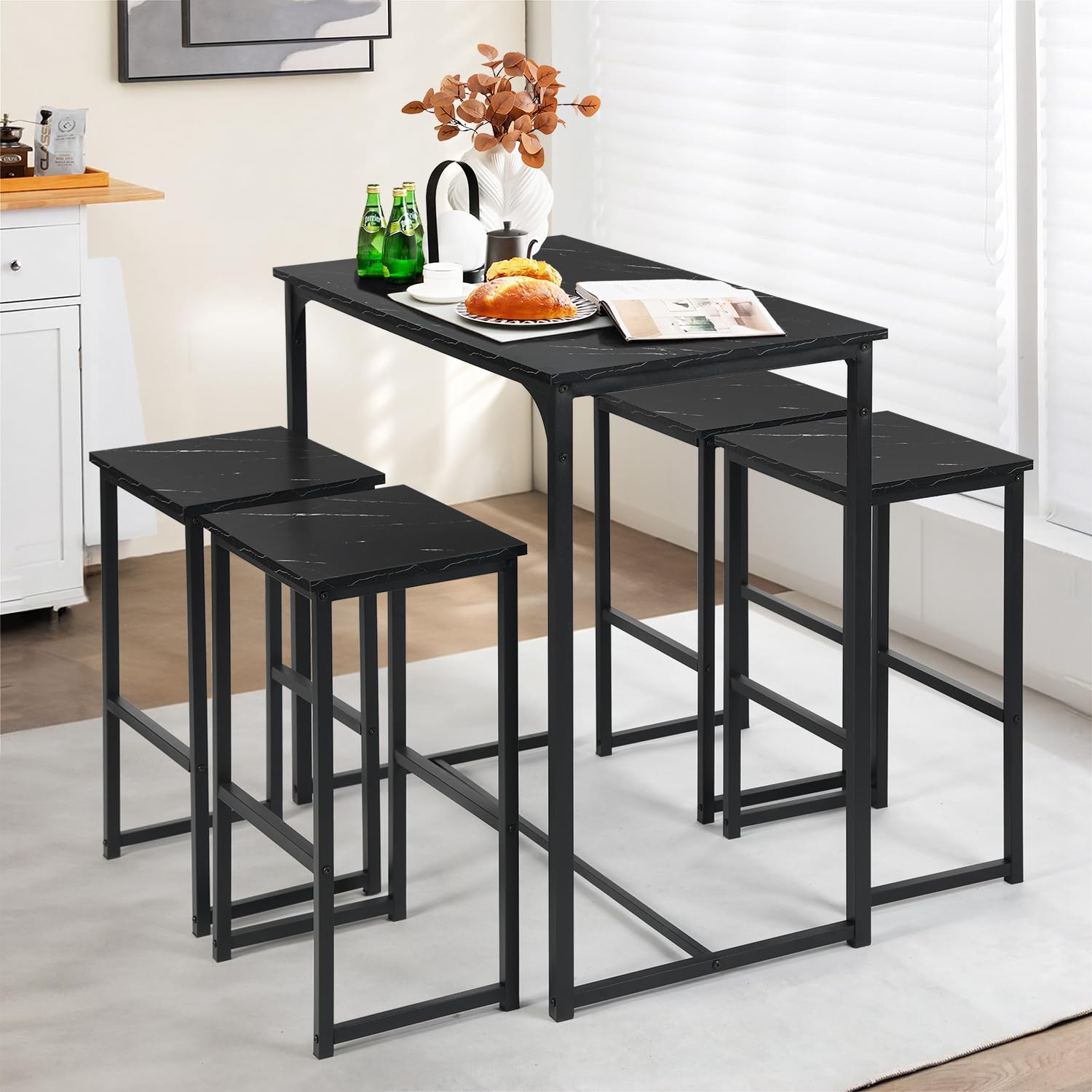 Mesa de Bar Alta Con 4 Taburetes, Juego de Comedor Para Cocina, Ahorra Espacio, Rincón Para Casa