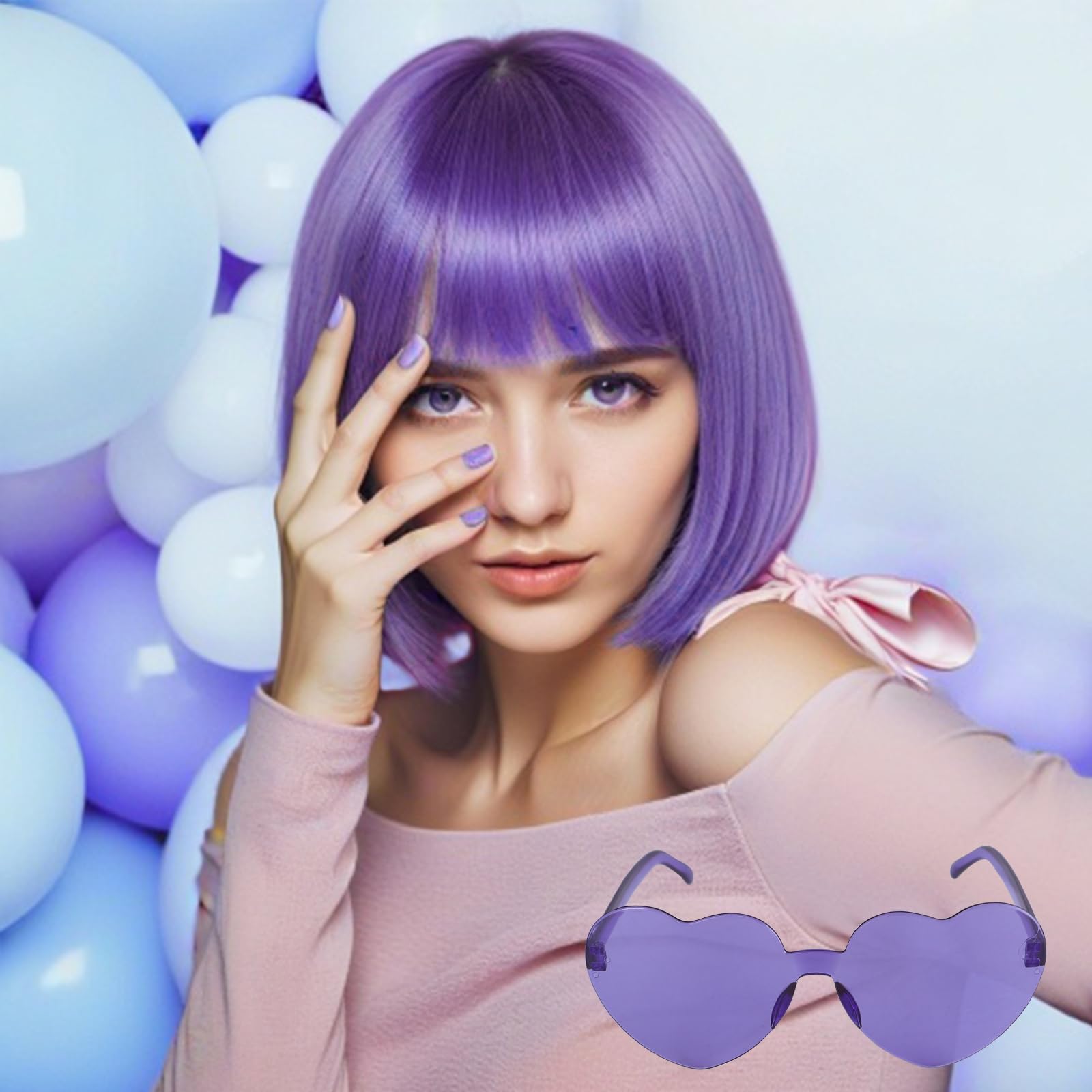 BECULINA Light Purple Bob wig+Hair Cap Lilac Purple Funny Wig with Bangs for Women Light Purpling Bob Cosplay Wigs for Cosplay Halloween Party Costume Outfit