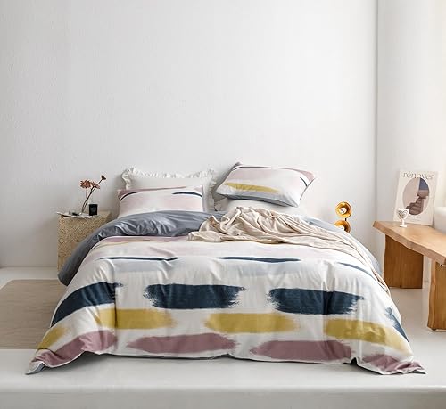 Miniatura 2 de SUSYBAO Juego de funda de edredón a rayas rosas y amarillas, tamaño Queen, 100% algodón, juego de 3 piezas, 1 funda de edredón geométrica estética