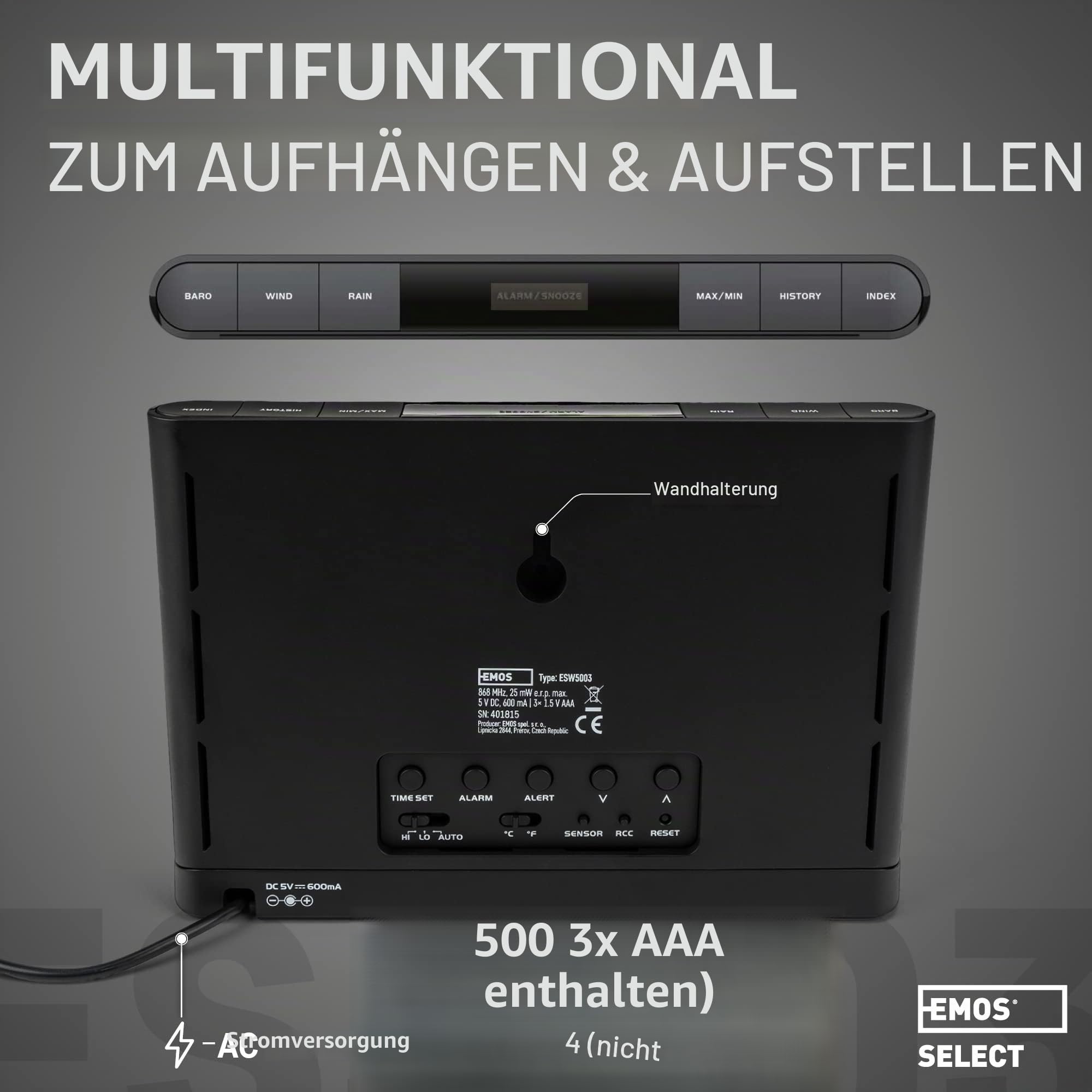 EMOS Wetterstation mit Windmesser und Regenmesser- System mit Farbdisplay, zur Wettervorhersage, für drinnen & draußen, Datum, Temperatur, Luftfeuchtigkeit, Luftdruck - 12-24 Stunden Vorhersage