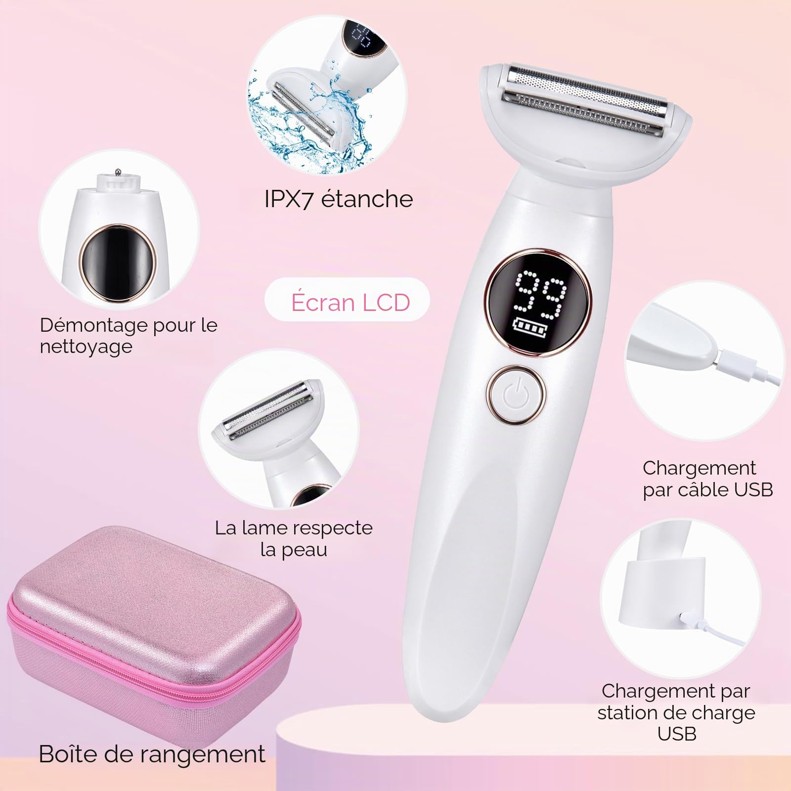 Rasoir Electrique Femme, 5 en 1 Epilateur Electrique, USB Rechargeable Rasoir Indolore, IPX7 Étanche Tondeuse Femme Intime pour Visage, Bras, Jambes, Aisselles