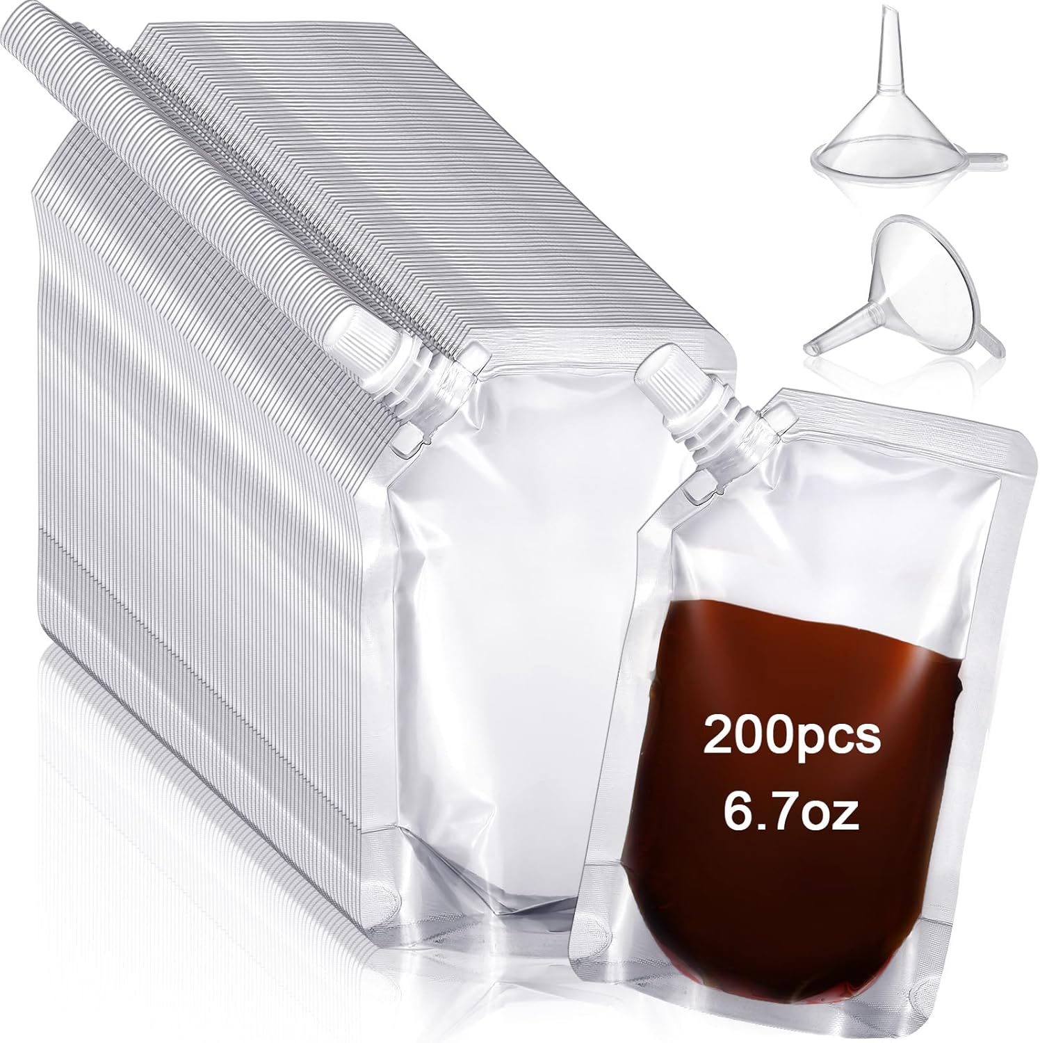 Meanplan 200 Pcs Reusable Plastic Pouches Bulk Squeeze Plastic Juice Drink Pouches Clear Leak Proof Bags Container with Funnel for Party Travel Concert Outdoor Sport(6.7 oz)