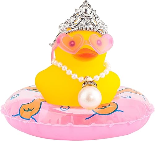 wonuu Decoración de pato para tablero de automóvil, accesorios de goma con collar de perlas, corona, mini anillo de natación y lentes de sol,