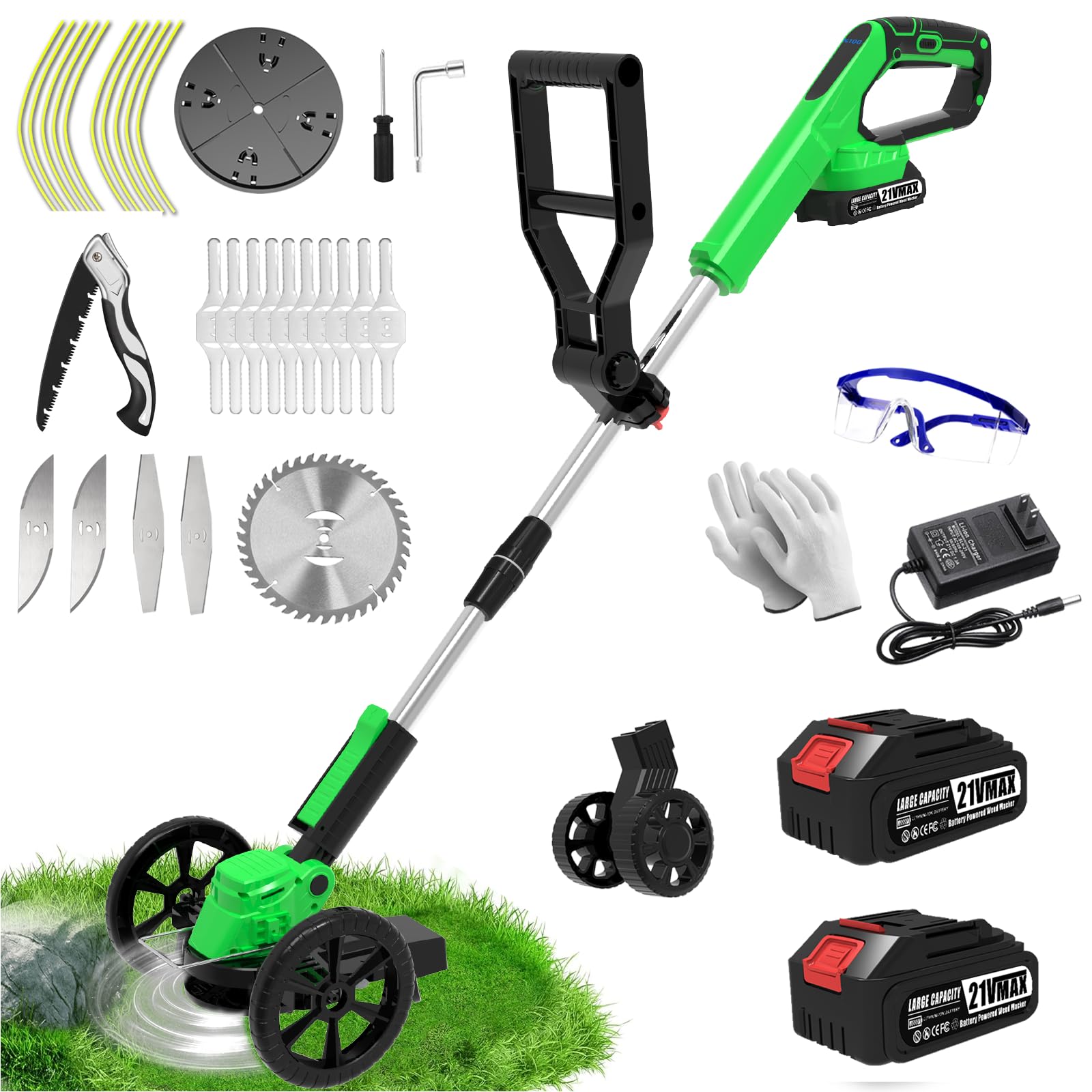Photo 1 of **PARTS ONLY****Electric Cordless Weed Wacker Eater Battery Powered Weed Trimmer with 2 21V/2.0Ah Battery Operated & Wheels & Charger & 5 Types Blades, No-String Brush Cutter/Grass Trimmer/Lawn Edger for Garden Yard