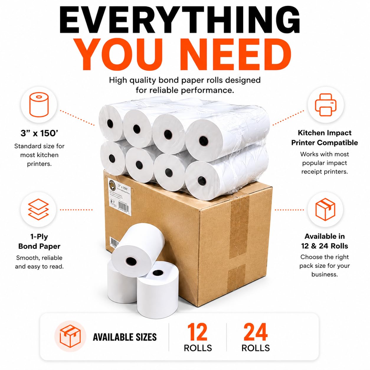 BAM POS Papel de recibo de cocina de 1 capa, 7,6 cm x 150 pies, color blanco (24 rollos) | Rollos de papel para restaurantes, hoteles y puntos de venta al por menor. Compatible con Star SP700, TM U200, SRP275
