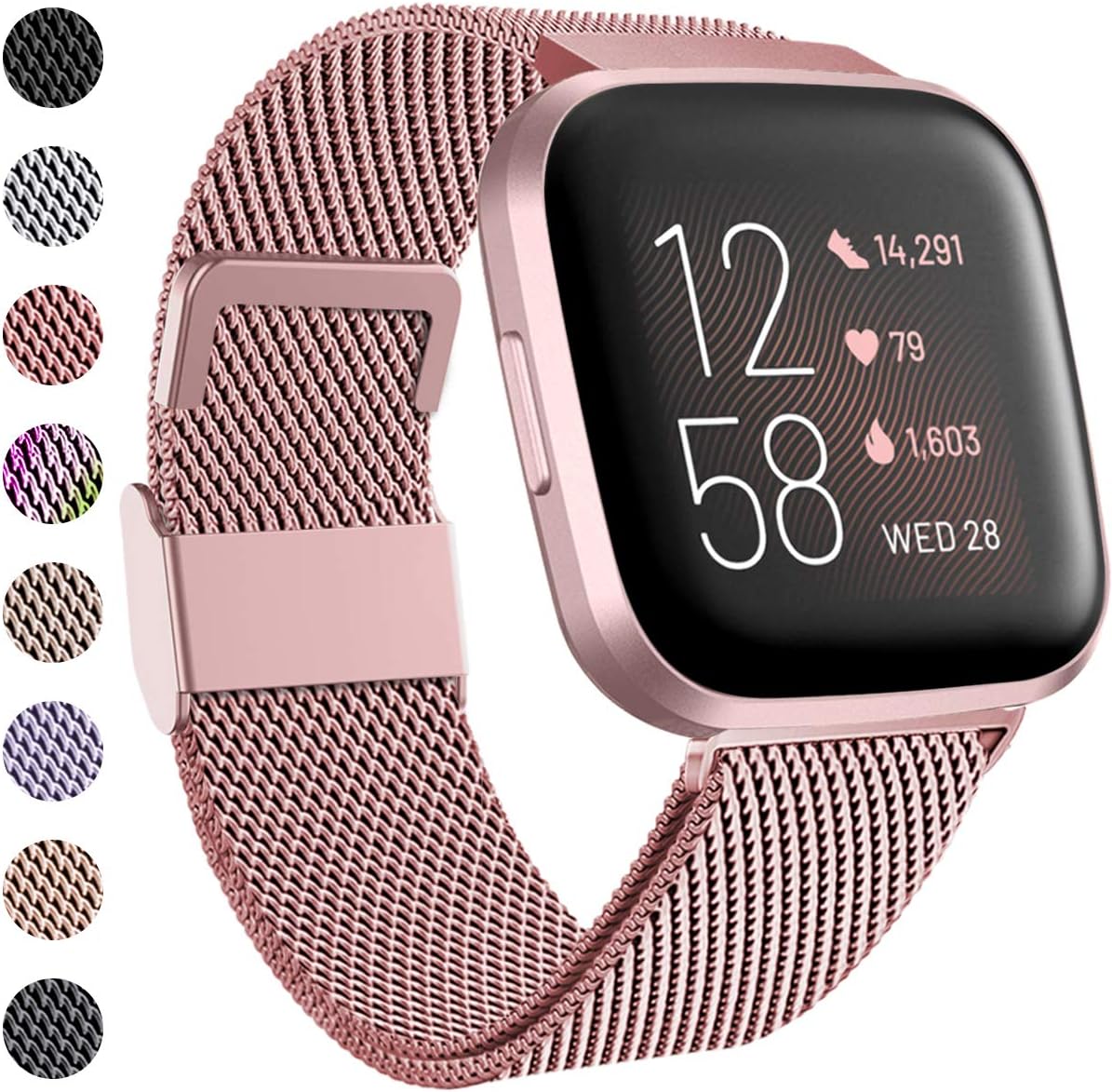 Funbiz Compatible with Fitbit Versa Strap/Fitbit Versa 2 Strap, Metal Stainless Steel Replacement Bands with Unique Lock Compatible with Fitbit Versa/Versa 2/Versa Lite, Small, Pink Gold
