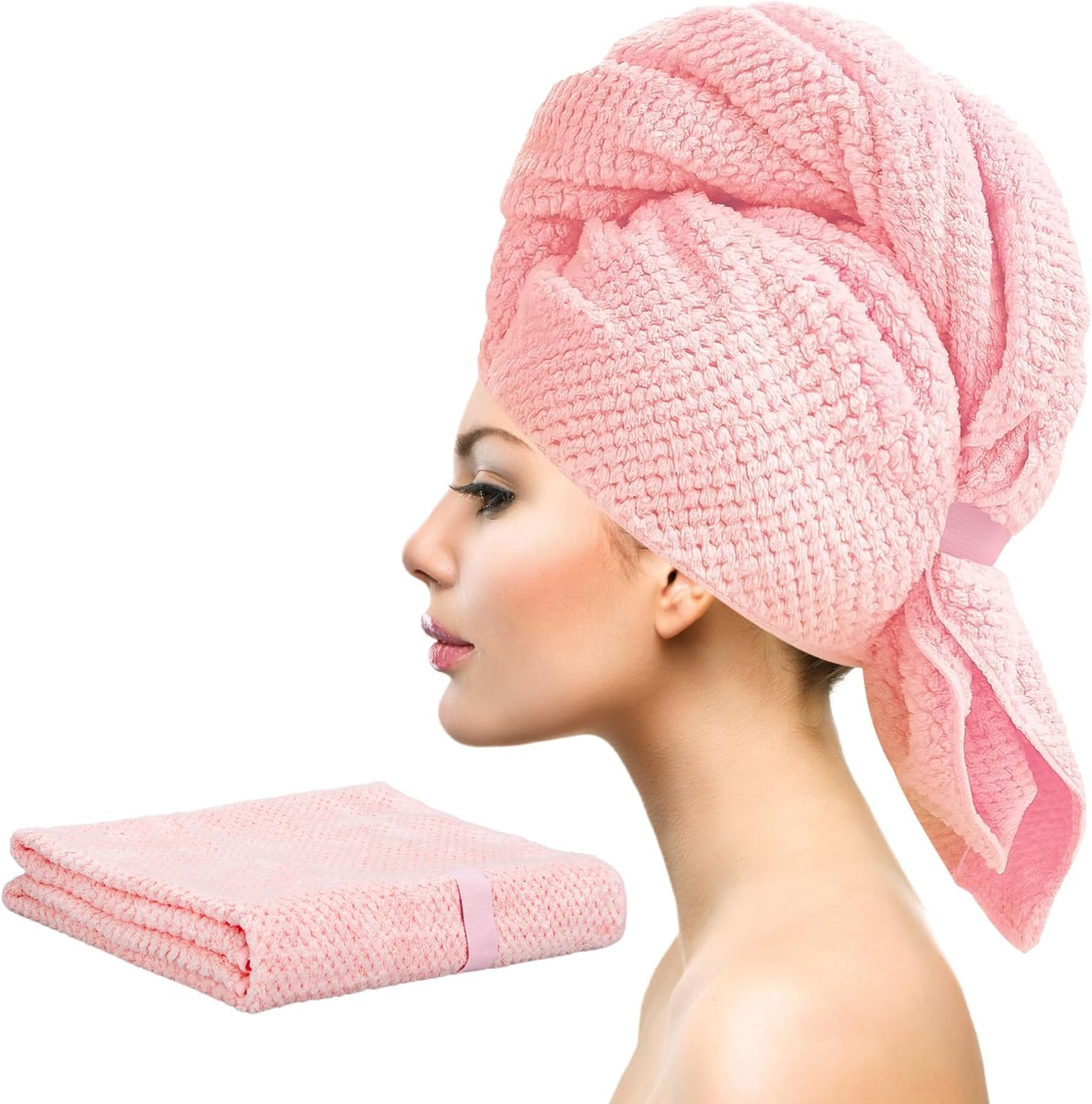 Large Hair Turban Wrap for Women, Quick Dry Super Absorbent Drying Towel With Elastic Strap for Wet Hair (40 * 24inch), Pink