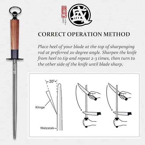 Miniatura 5 de MITSUMOTO SAKARI Varilla de afilar cuchillos japonesa de 10 pulgadas, afilador de cuchillos de cocina profesional, acero redondo japonés de alto