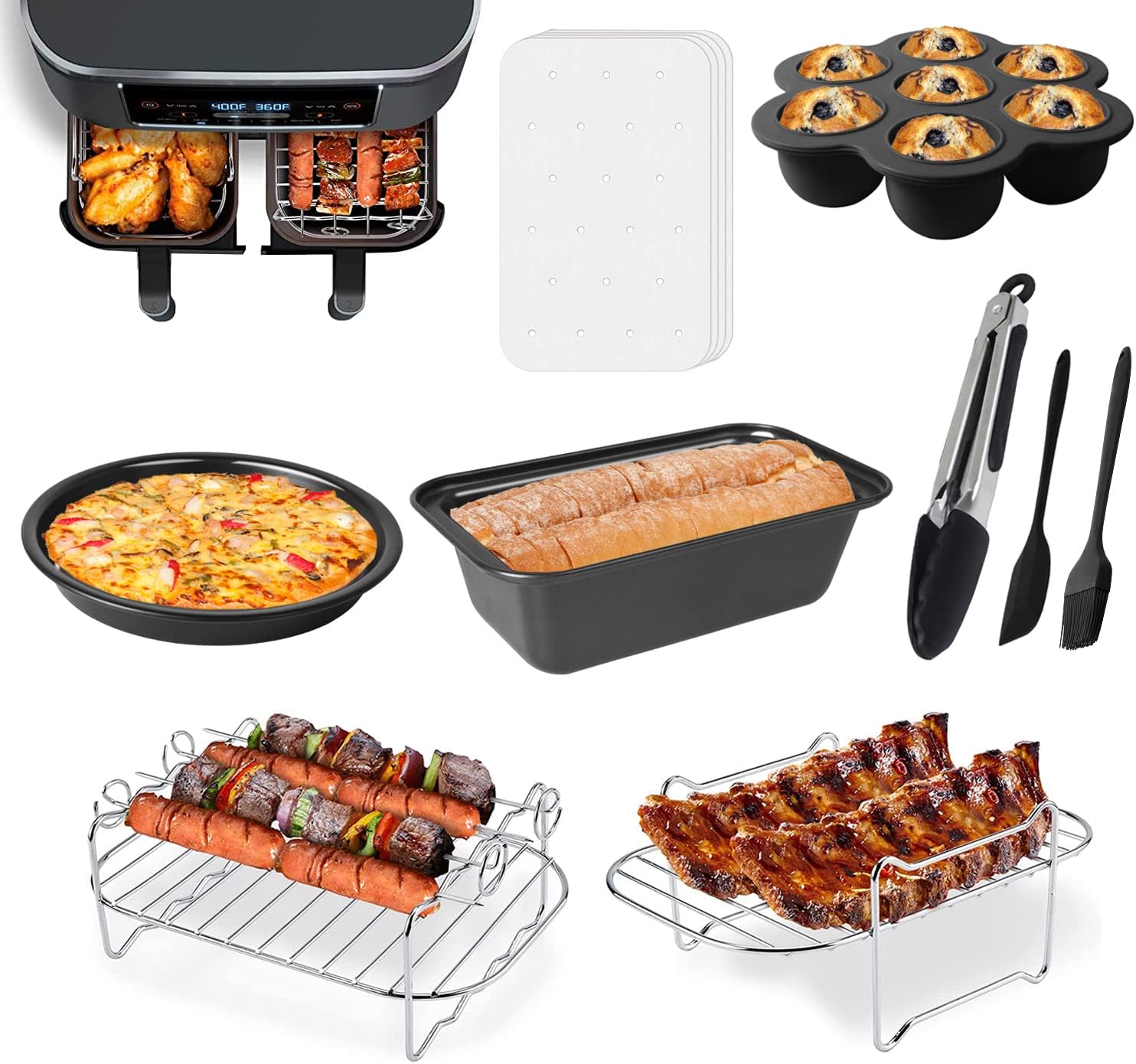 Air Fryer Accessories, Set of 9 Fit for Ninja Dual Air Fryer AF300UK, AF400UK & Most 7.6L - 9.5L Dual Zone Air Fryers, Include Cake & Pizza Pan, Rack, Skewer Rack, Egg Bite Mold, etc