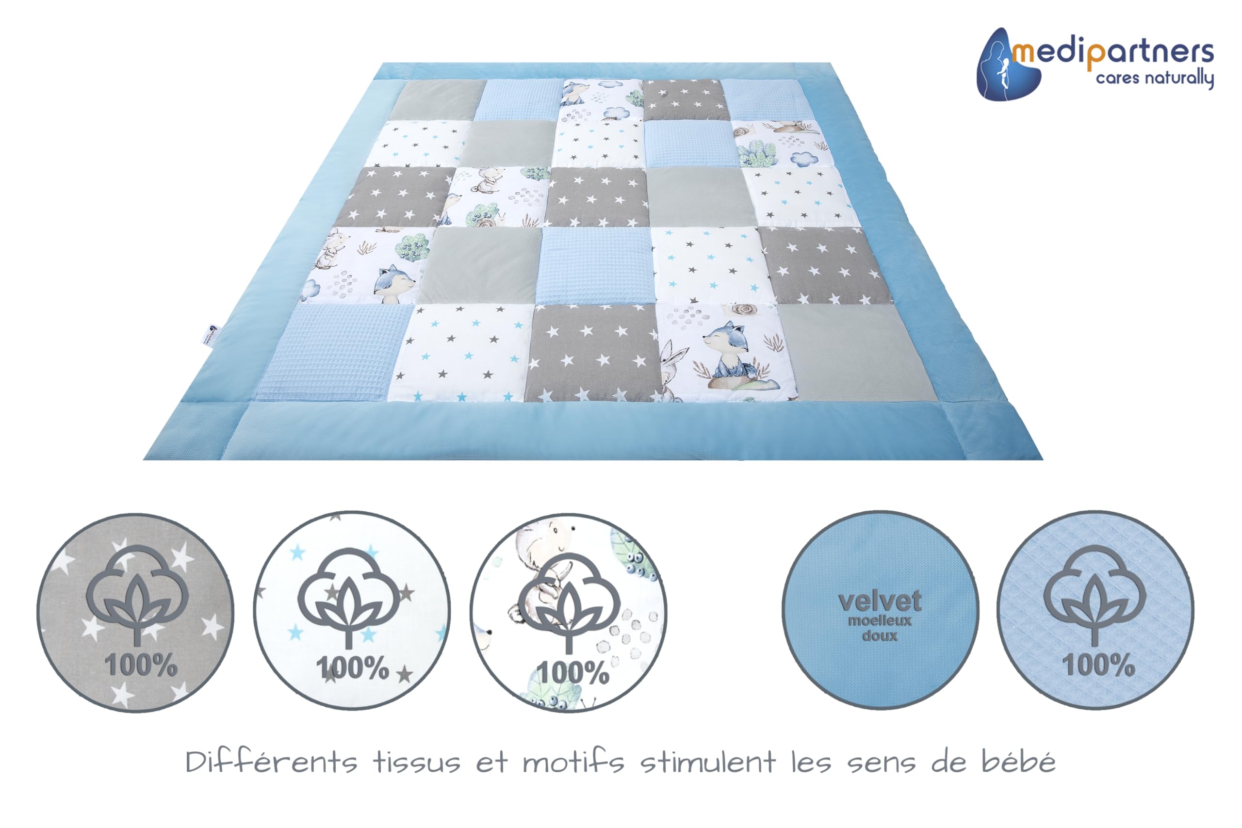 Medi Partners Tapis d'éveil Bebe de Sol Motricité bébé Parc Enfant Jeux 100x100cm - 100% Coton Couverture Naissance Pliable Multifonctionnel Mat Épais Doux Eveil Oeko-Tex (Cerfs et hérissons) - 5