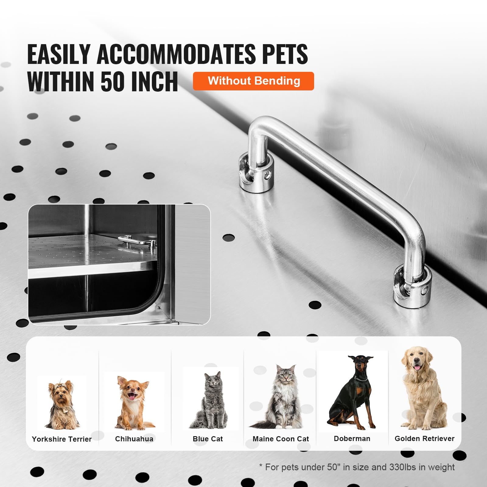 VEVOR Bañera de Acero Inoxidable para Perros Gatos 127 x 58 x 151 cm Bañera Peluquería Canina para Mascotas hasta 1270 mm Tina de Aseo Capacidad de 150 kg con Caja de Jabón Grifo Rampa Derecha