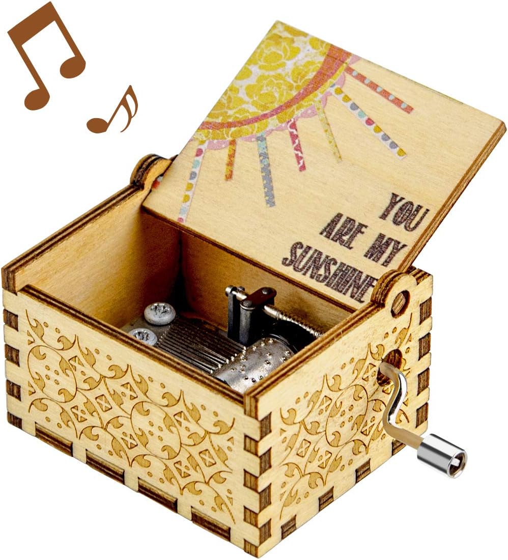 You are My Sunshine Music Box Gift for Wife Girlfriend Boyfriend Husband Son, Wooden Musical Box Mechanism Hand Cranked Valentine Christmas Anniversary Birthday Gift