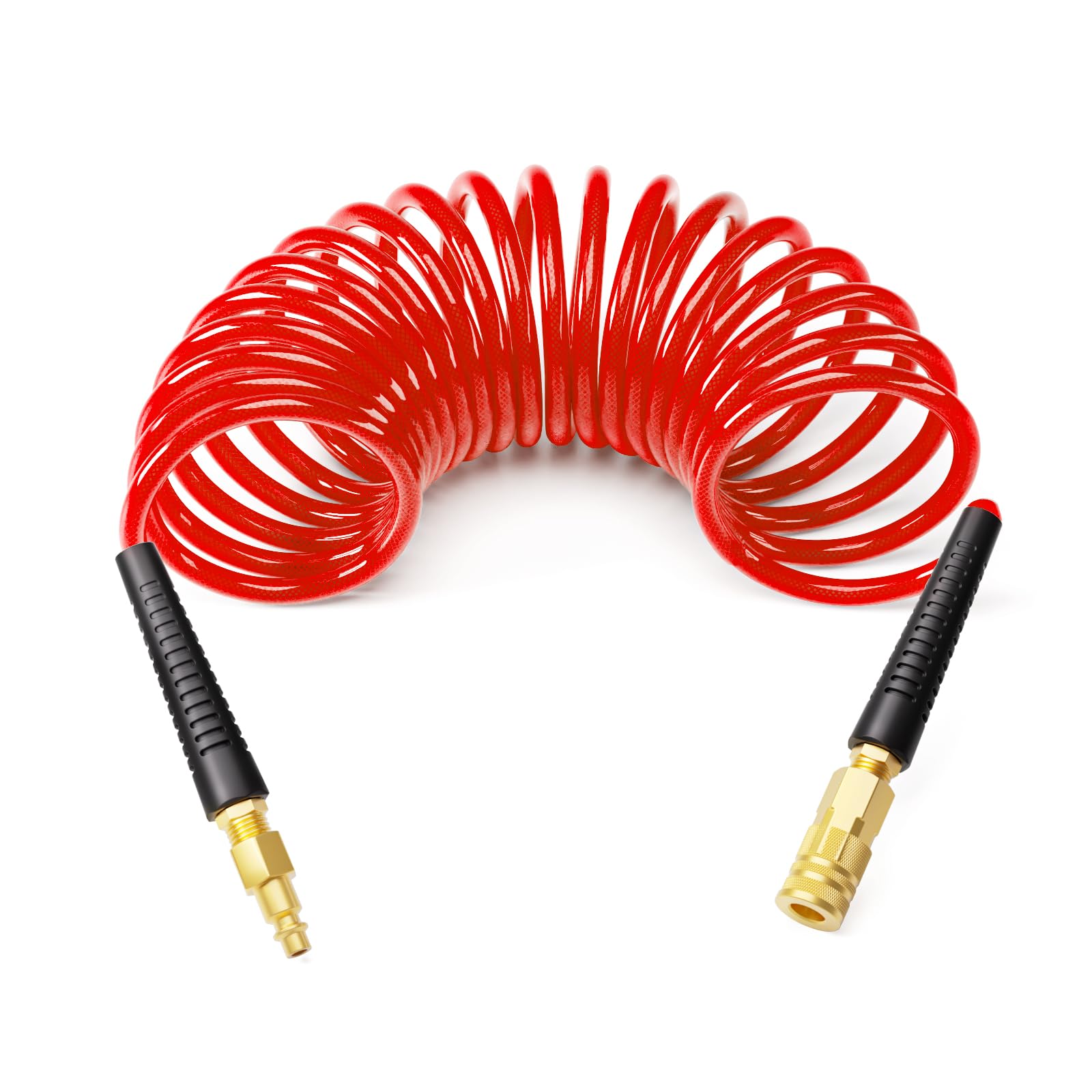 GASHER 1/4" 10FT Polyurethane Recoil Air Hose with Quick Coupler Plug Red