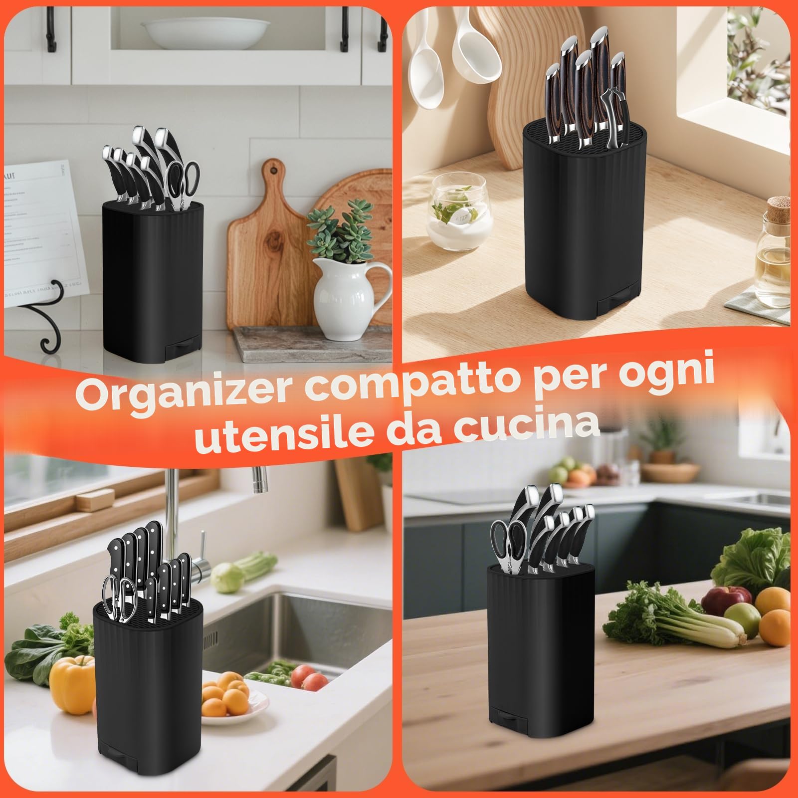 Ceppo Coltelli da Cucina Vuoto, Qoosea 4 in 1 Ceppo Portacoltelli con Cote e Slot Porta, Universal Staccabile Portacoltelli da Cucina per una Facile Pulizia Salvaspazio