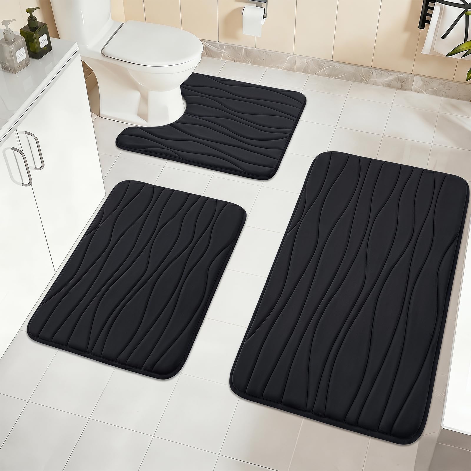 Homcomodar Bath Mat Sets 3 Piece Soft Memory Foam Bathroom Mat Sets Water Absorbent Bath Mats for Bathroom Washable Non Slip Bath and Toilet Rug Set for Shower Floor Bathrooms Decor（Black）