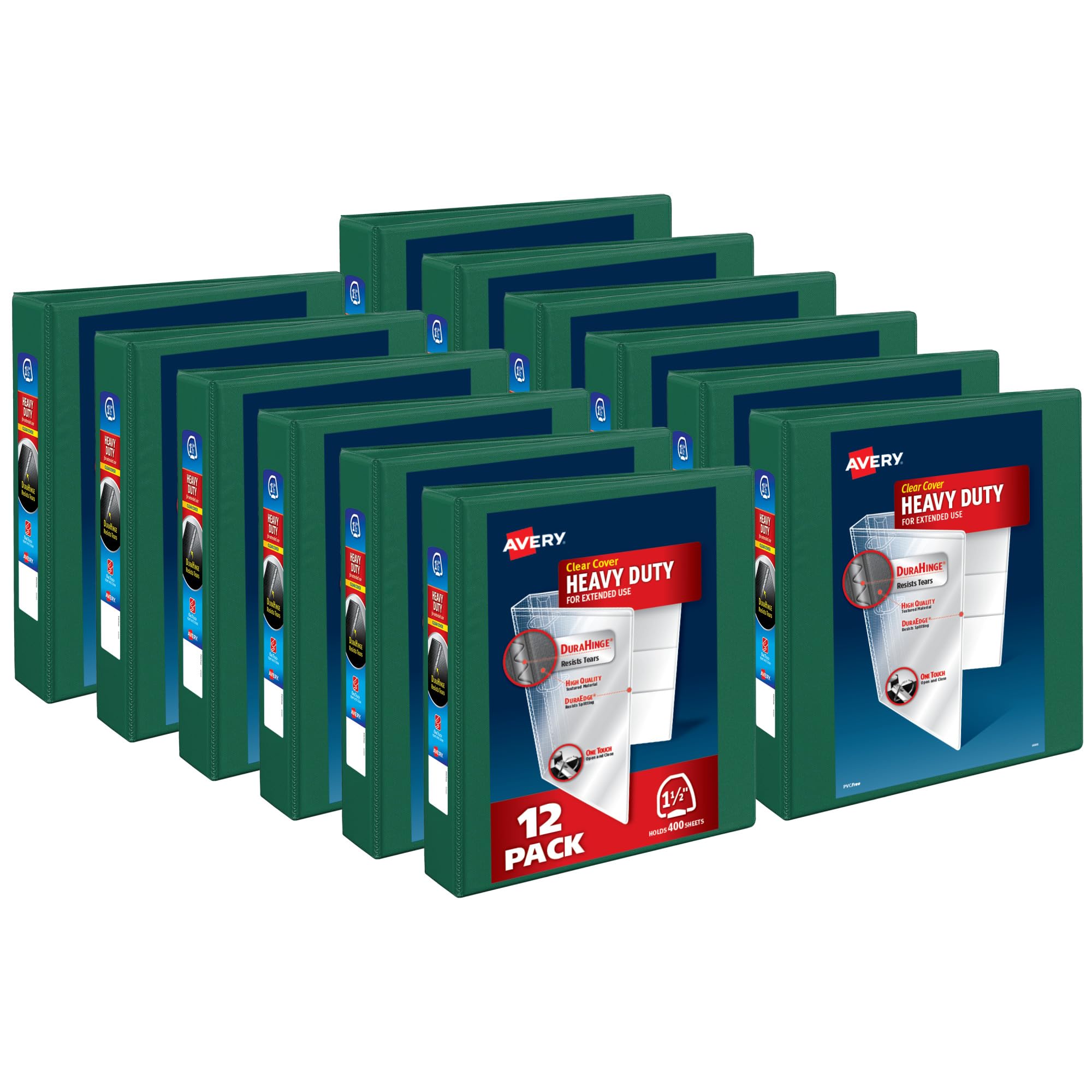 Avery Raccoglitori a 3 anelli resistenti, anelli One Touch EZD da 1,5", capacità di 400 fogli, dorso largo 5,3 cm, copertina trasparente e dorso personalizzabili, raccoglitori verdi (confezione da 12