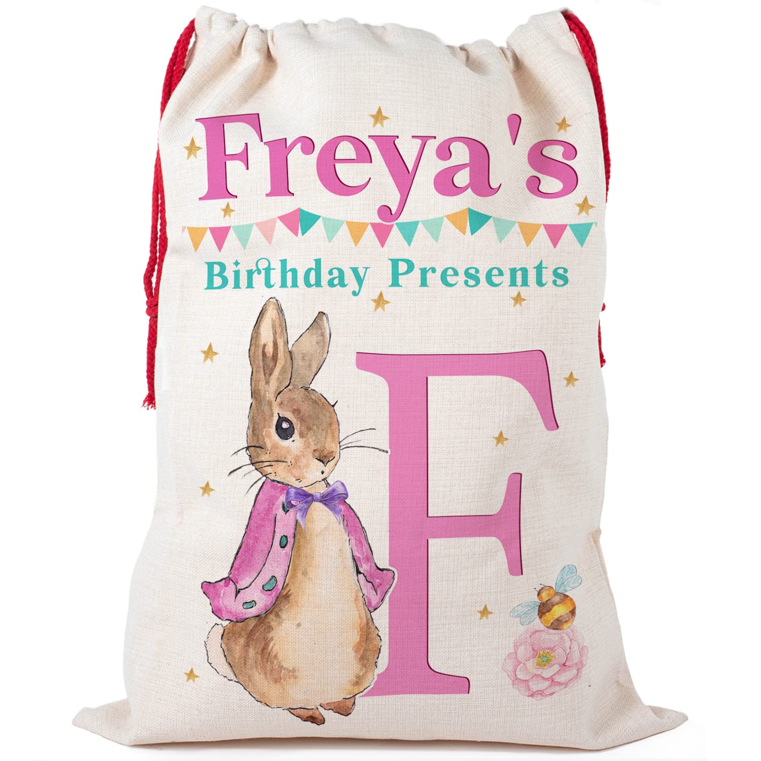 Personalised Girls Birthday Present Sack Childrens Rabbit Party Bag Custom Name Initial Gift Bag Cute KBB01 (Large)