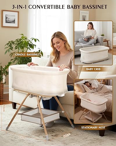 Miniatura 2 de Cuna de bebé 3 en 1, cuna mecedora con diseño de malla y colchón suave, cuna de viaje portátil de un segundo para recién nacido, color beige