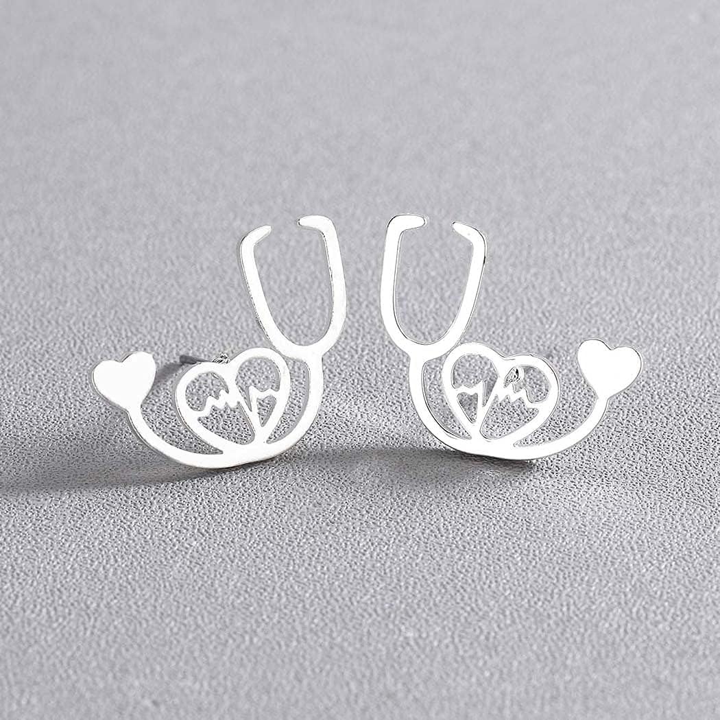 Nursing Stud Earrings Medical Heart Stethoscope Stud Earrings Stainless Steel Stethophone Heartbeat EKG Ear Stud Nurses'day Gift for Doctor Nurse