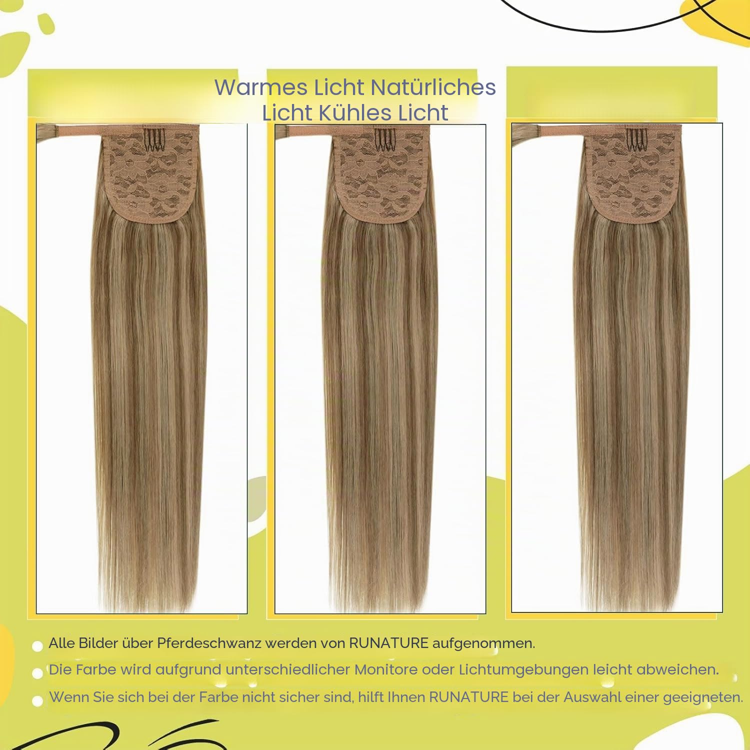 RUNATURE Echthaar Zopf Braun Blond 55cm 80g #10P16 | Echthaar Ponytail Extensions–hitzebeständig, langlebig, geschmeidig. Remy Haar, kein Haarausfall, extra lang mit Melange.