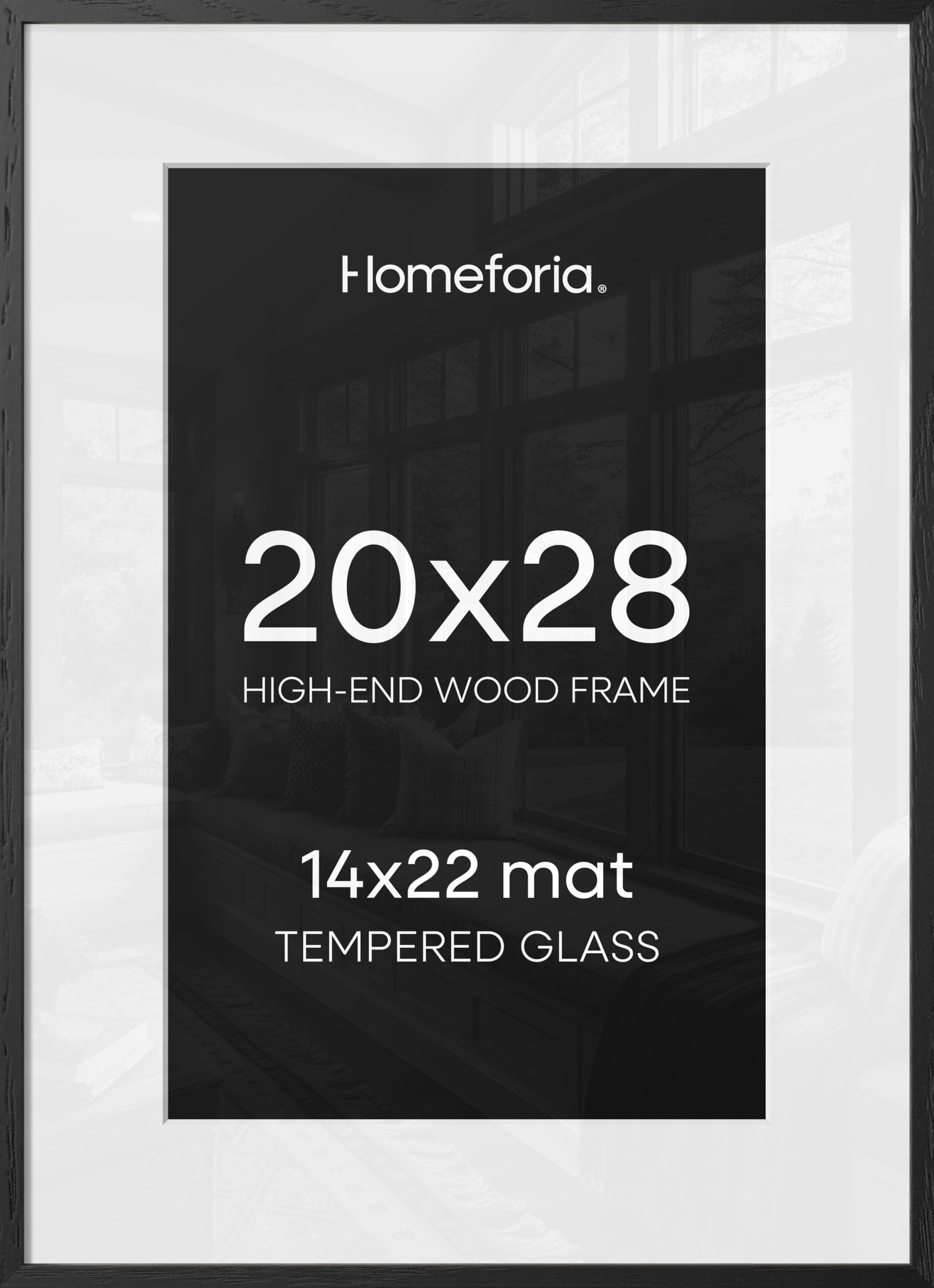 Homeforia 20x28 Black Wood Frame, High End Oak 20x28 Wooden Picture Frames with Mat 14x22 Photo, 20 x 28 Poster Frame Matted to 14 by 22 Print, 28x20 Hanging Frames, Tempered Glass, Wall Kit, Set of 3