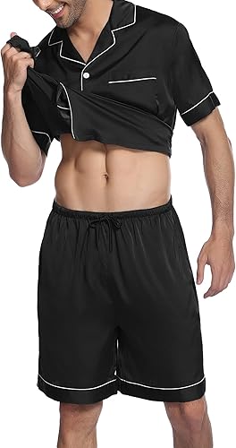 Miniatura 2 de Ekouaer Conjunto de pijama de satén para hombre, camisa de manga corta con botones y pantalones cortos de seda suave con bolsillos
