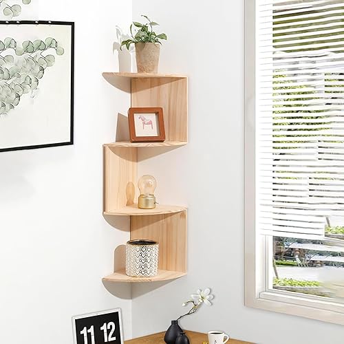 Artilady Estantes esquineros Estante esquinero de 4 niveles para montaje en pared, estantes flotantes de madera rústica para soporte de plantas de