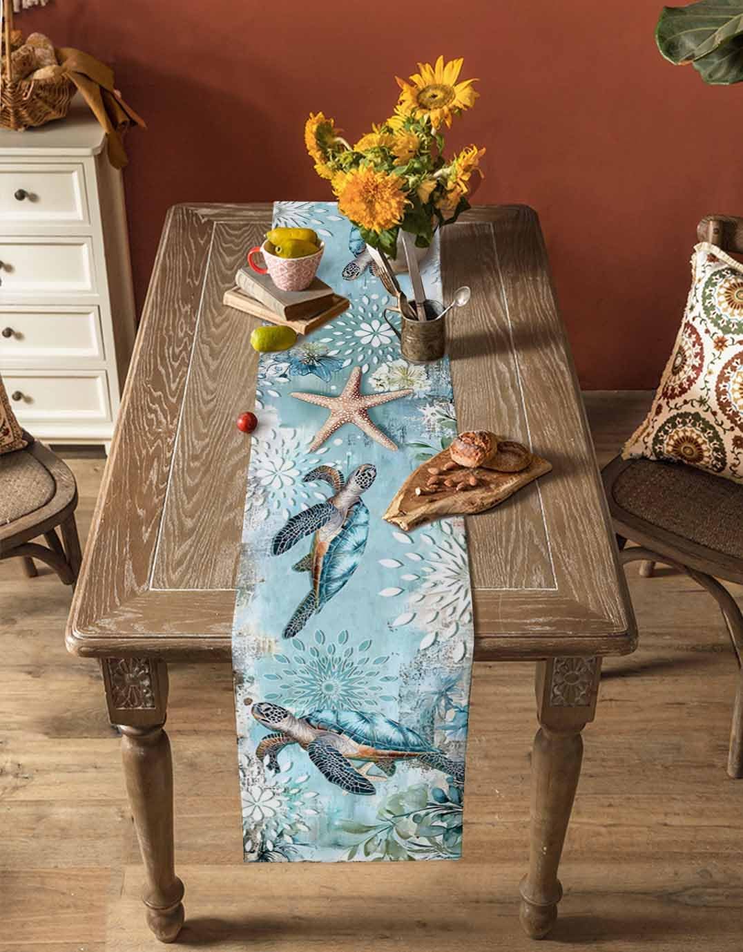 Sea Turtle Coastal Table Runner 120 Inches Long, Nautical Beach Farmhouse Dress Scarves, Vintage Teal Botanical Ocean Dining Tablerunner for Coffee Table/Kitchen Island/Party, 13" x 120"
