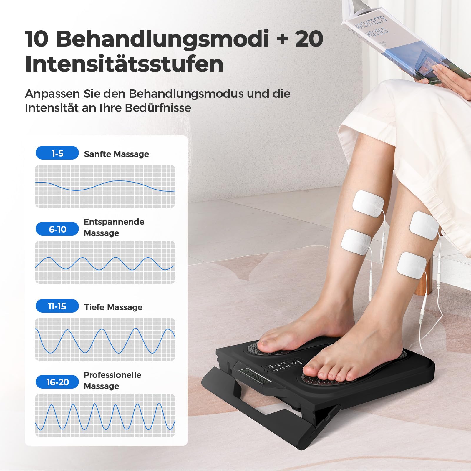 KNQZE EMS Fußmassager mit TENS, 10 Modi, 20 Stufen, 4 Elektroden, Schwarz | EMS-TENS-Fußmassager Durchblutungsstimulator, 10 Modi, 20 Stufen, 4 Pads, Gegen Schmerzen, Senioren & Büro, Schmerzlinderung