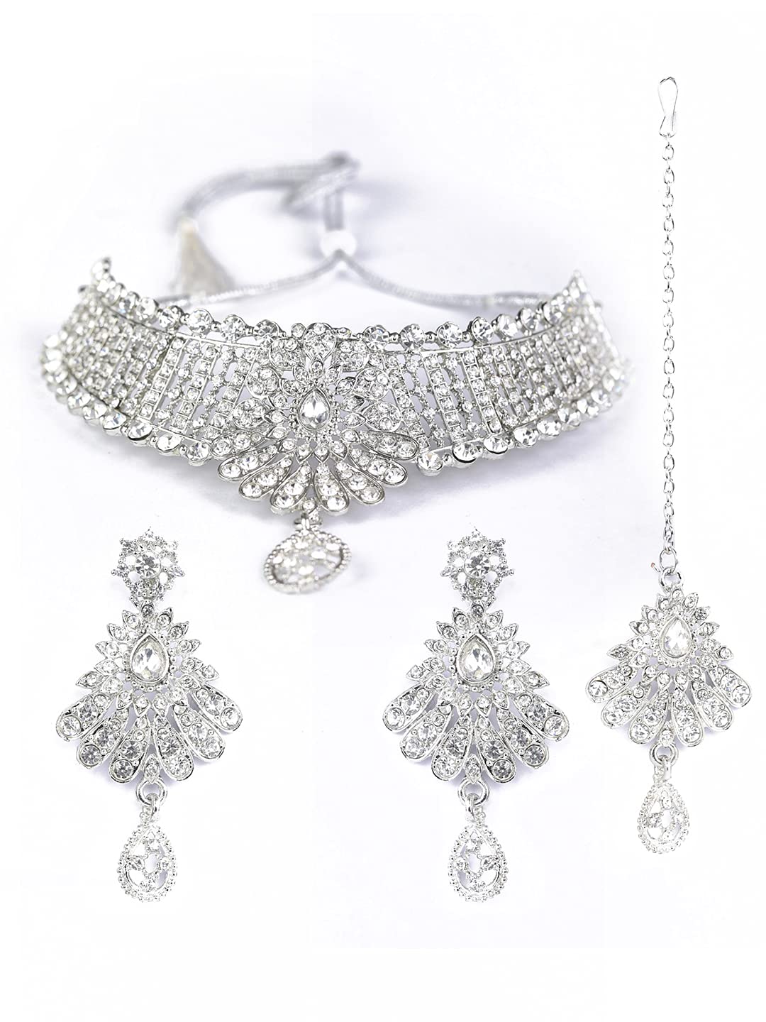 Priyaasi Floral Design Kundan Choker Jewellery Set for Women with Earrings & Maangtikka | Silver-Plated | Traditional Jewellery Set for Women | Jewellery for Girls (B09GFDJKRP) Amazon Price History, Amazon Price Tracker