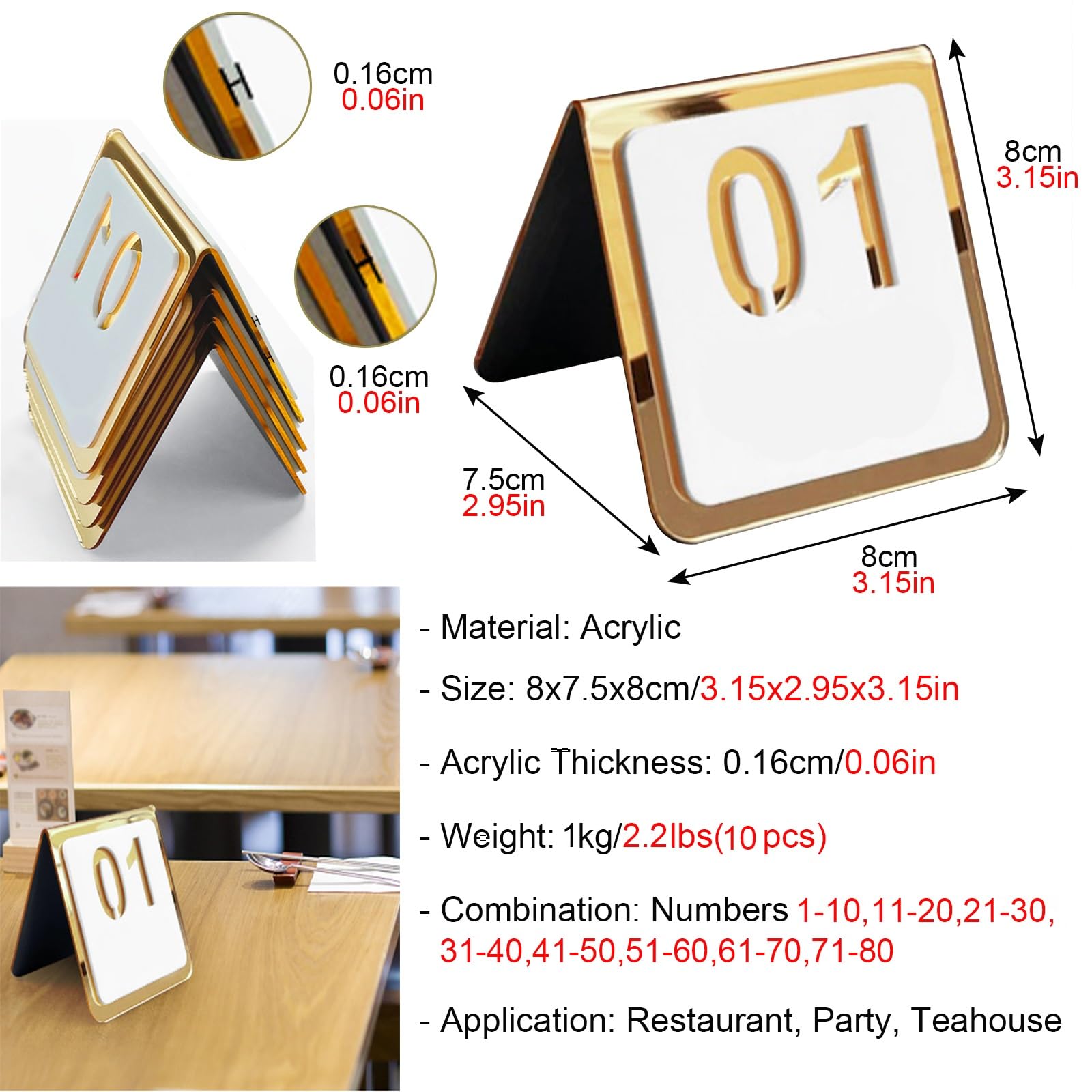 Números de la mesa Números De Mesa 1 - 10 Acrílico, Doble Cara Números De Mesa Carpa Con Talla Hueca Para Salas De Recepción De Bautizos Letreros De Mesa Con Diseño En Forma De V(Color:8x8cm(31-40))