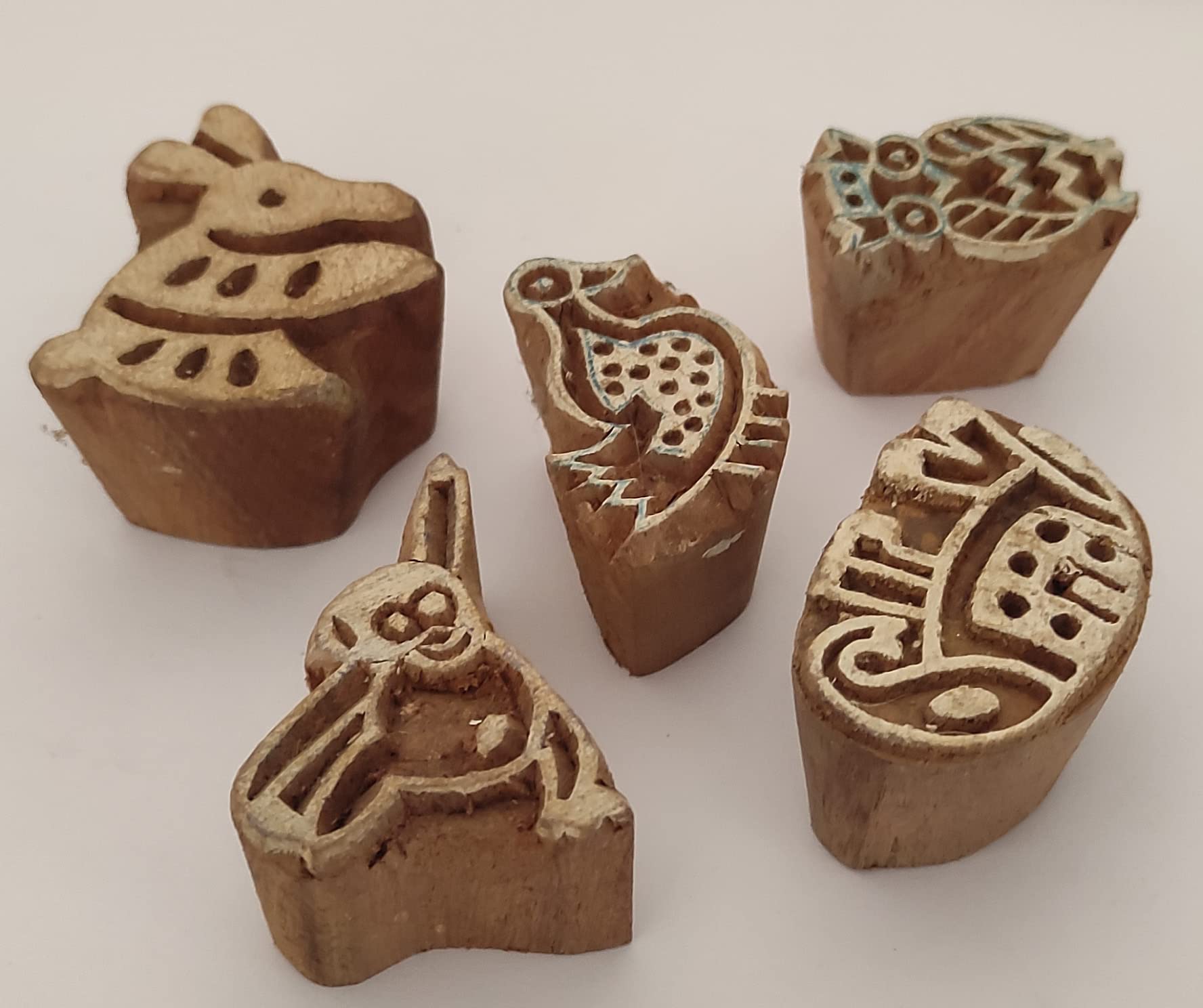 Sharvgun Combo de 5 bloques de impresión de madera de sello animal, suministros de diseños de impresión de tela de arte, sello decorativo, trabajo de arte