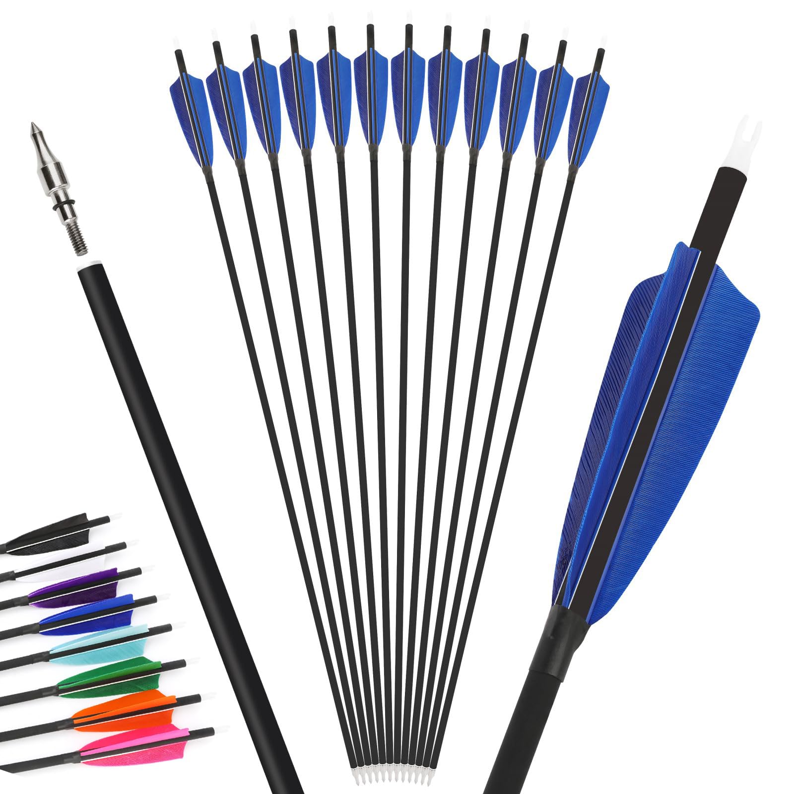 12Pcs 4inch Turkey Feather Mixed Carbon Arrow 500 Spine Archery Hunting Arrows Suit for Compound/Recurve Bow Target Practice Arrow (31inch, navy blue) — image 1
