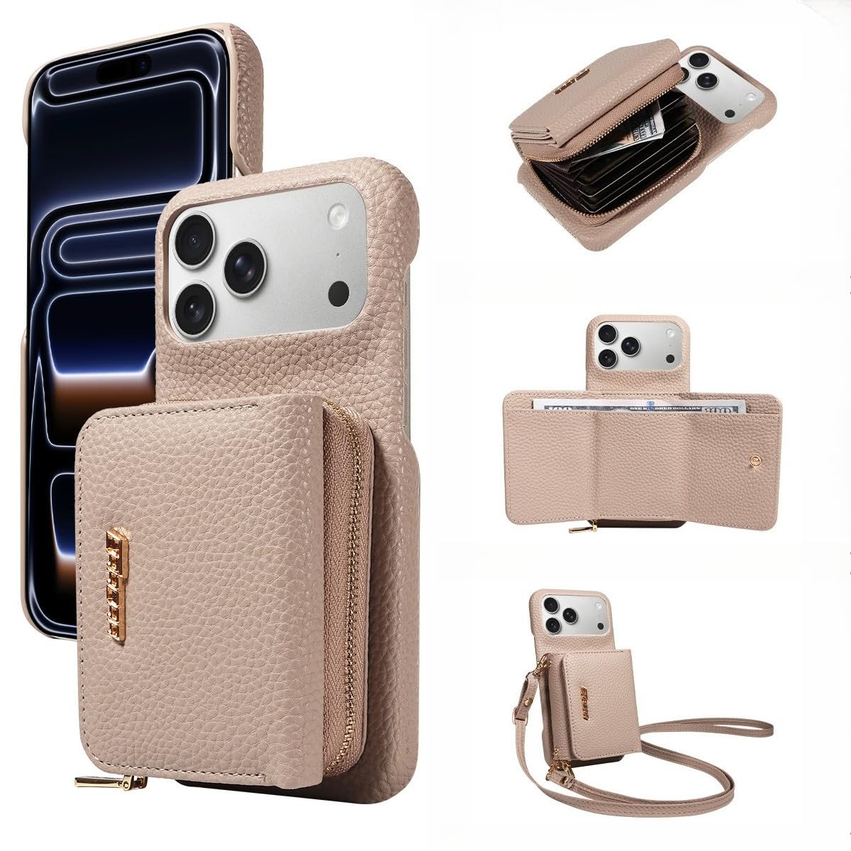 Coque Portefeuille pour iPhone 16 Pro Max, Porte-Cartes Zippé - Crème